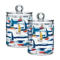 Yayeee 2 Pack Qtip Holder Bathroom Cotton Swab Canister with Lid Clear Dispenser Set, Dark Blue Hand Drawn Sailboats