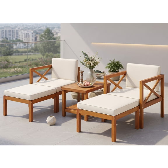 Topcobe 5 Pieces Acacia Wood Patio Lounge Chair Set with Ottomans and Cushions, Outdoor Patio Furniture for Garden Backyard Pool Deck-White