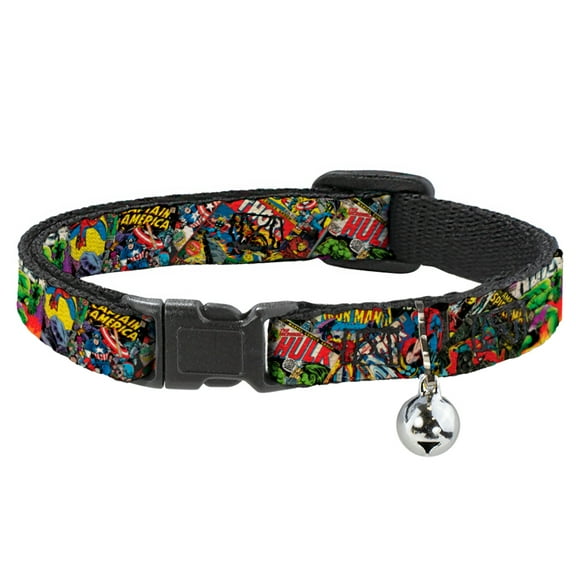 Marvel Comics Breakaway Cat Collar With Bell, Plastic Clip, Easy Adjustable, Retro Marvel Comic Books Stacked Close Up, 8.5 to 12 Inches 0.5 Inch Wide