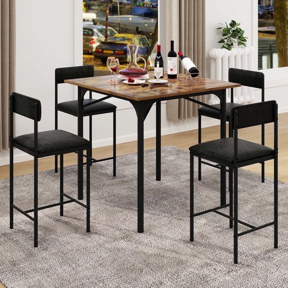 DEXTRUS Kitchen Table Set 5 Pcs Steel Bar Set with High Top Table and Barstools, Black/Brown