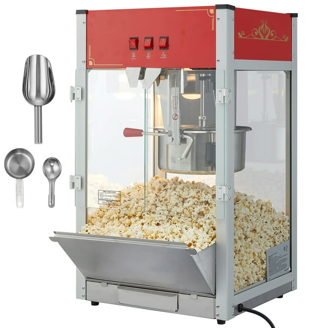 KFFKFF Popcorn Creator, 1440W Popcorn Cooking Device, 12 Oz Kettle Produces 80 Servings Each Cycle, Tabletop Popcorn Creator with Reinforced Glass, Trio of Stainless Steel Ladles, Red