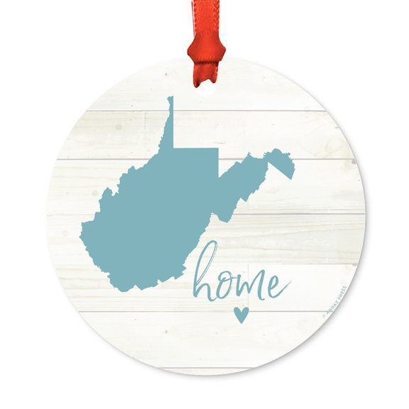 US State Round Metal Christmas Ornament, Rustic Light Wood Print, West Virginia Home, Includes Ribbon and Gift Bag