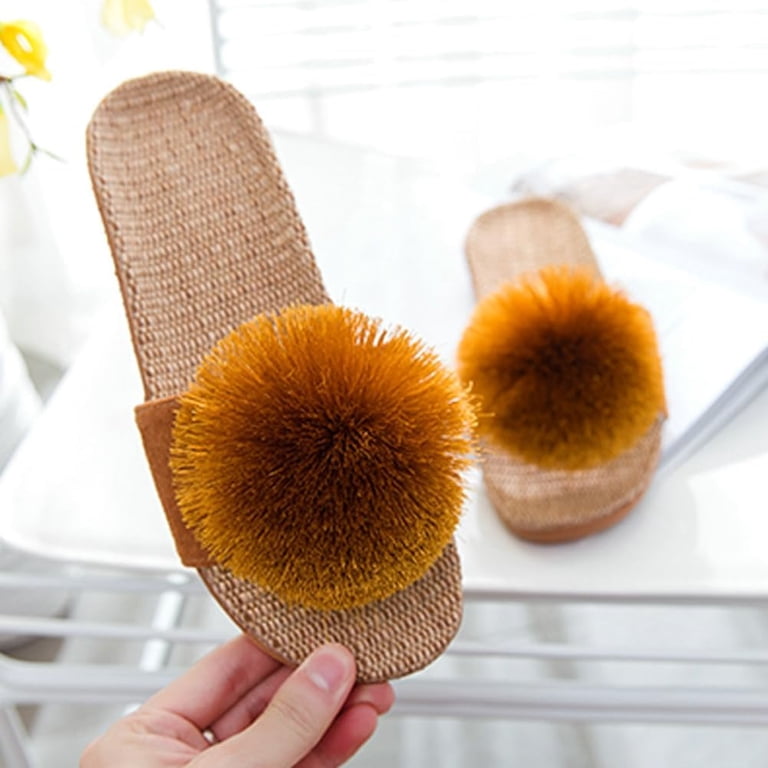 Women's Lnon-Slip Slides Slippers – Fluffy Pompom Design, Open Toe, Cozy Indoor/Outdoor Sandals