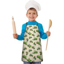 Cartoon Tractors Green Beige Pattern Kids Aprons for Girls and Boys,Adjustable Neck Strap Toddler Aprons for Kids Cooking Baking