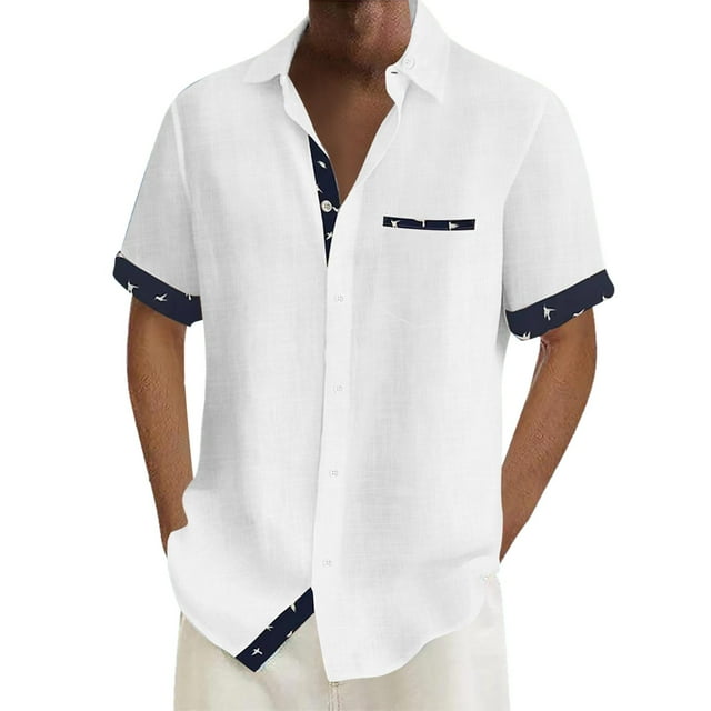 Camisas De Mezclilla Para Hombre Camisa de vacaciones en la playa Camisa de cárdigan de manga corta Camisa de solapa en contraste con botones en los puños para hombre (White, S)