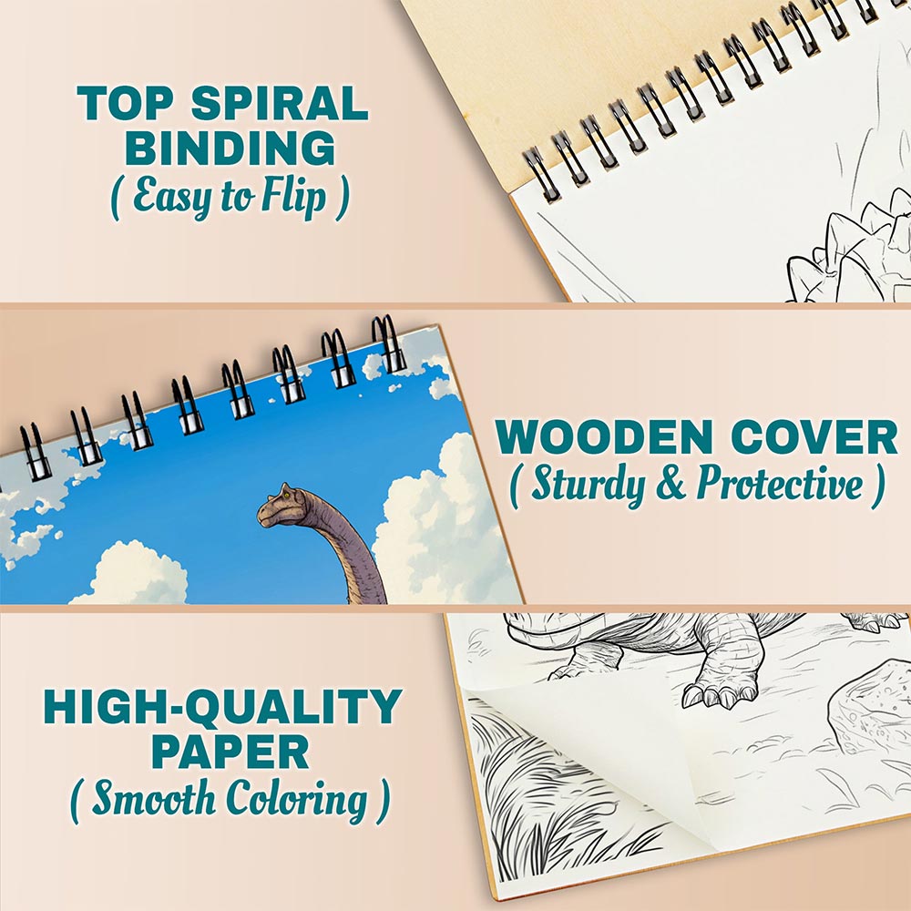 Netecom Herbivorous Dinosaurs Coloring Book for Adults, A5 Wooden Cover, 30 Epic Coloring Pages of Herbivorous Dinosaurs for Stress Relief and Relaxation, Spiral Bound Edition