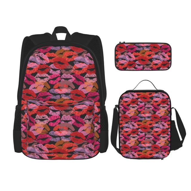 Disketp Red Lips Kissing Mochila Estampada de Gran Capacidad con Lonchera y Estuche, Set de 3 Piezas para Estudiantes