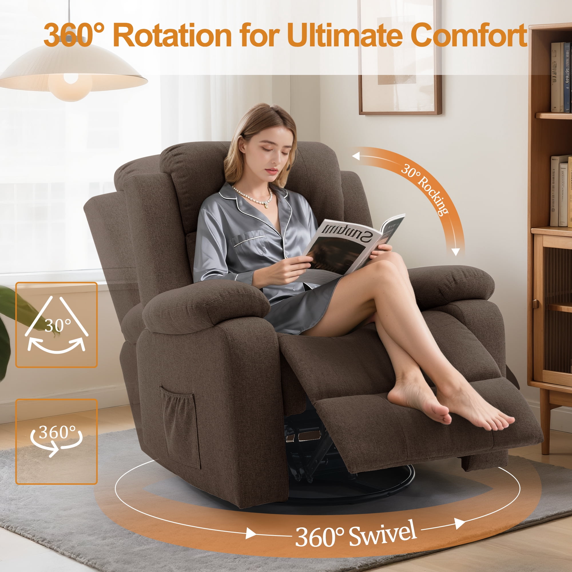 Korser Swivel Rocker Recliner Chair for Adults with Massage and Heat,Upholstered Manual Recliner with Side Pockets Glider Recliner for Living Room,Linen,Brown
