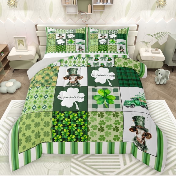 Manfei St.Patrick Day Bedding Comforter Set,Cute Farmhouse Highland Cow Twin Comforter Sets,Lucky Four Leaf Clover Bedding Set For Girl Boys,Super Cozy Room Decor Reversible,2 Pieces