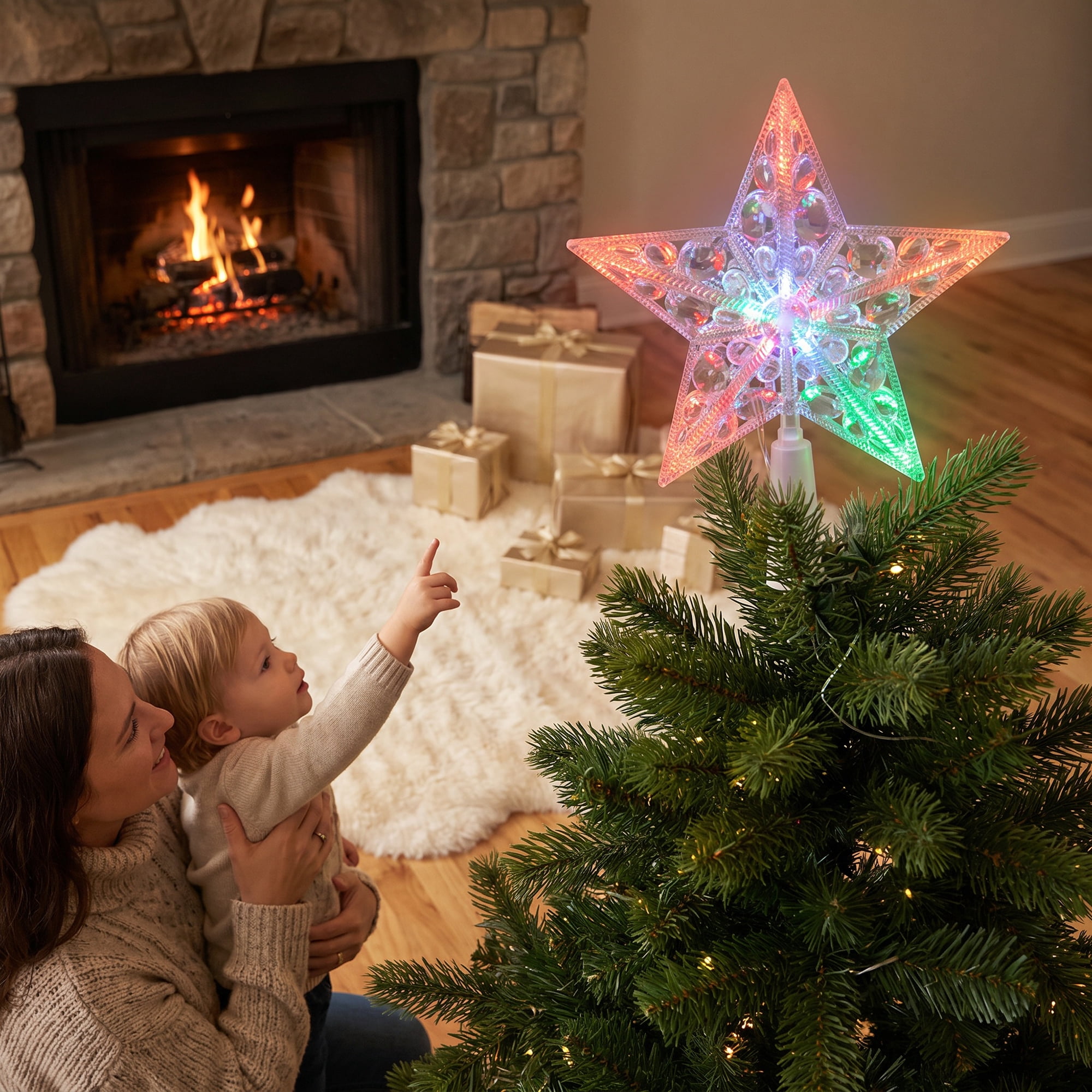 Unique Bargains Tree Finial Battery Operated Spring Mount Star Multicolor Lights 7.9"