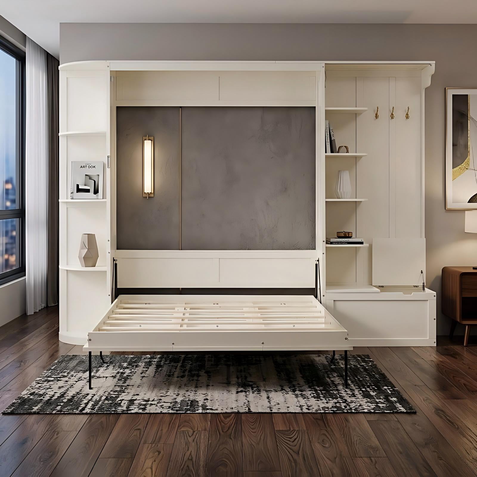 Aukfa Queen Murphy Bed with Storage & LED Lights, Space-Saving Modern Wall Bed Cabinet with Shelves & Hanging Hook for Small Spaces, Guest Room, Home, White