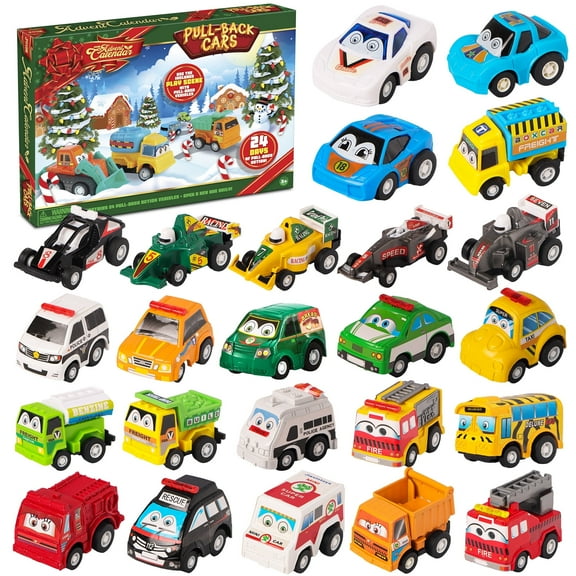 Joyfy 2025 Advent Calendar with 24 Vehicles,Advent Calendar Cars kids Toddler Boys, Xmas Gift 24 Cars with Pull Back Car Police Racing Cars