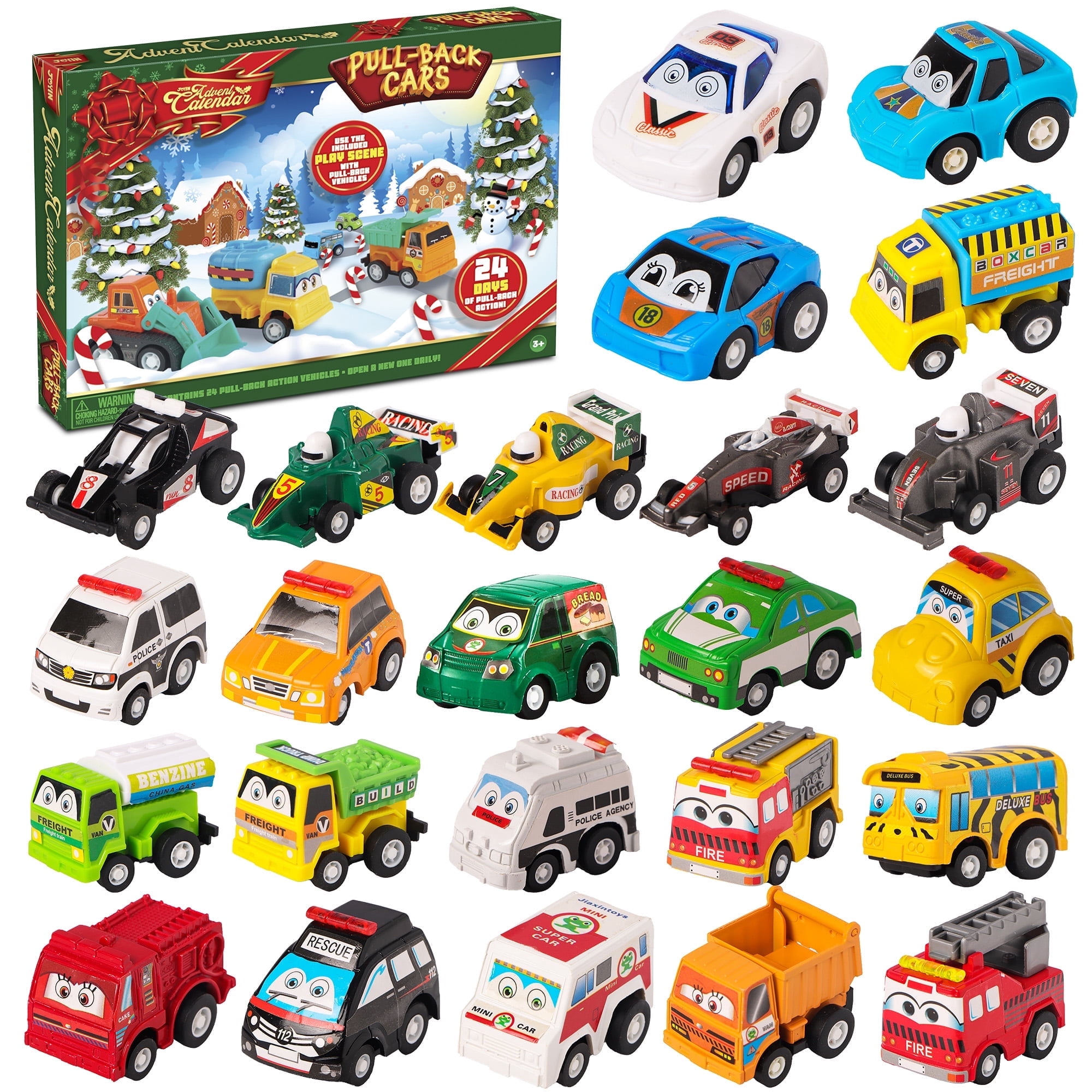 Joyfy 2026 Advent Calendar with 24 Vehicles, Countdown Christmas Toy Set with Pull Back Police and Racing Cars for Kids Toddlers, Xmas Party Favors and Holiday Gifts