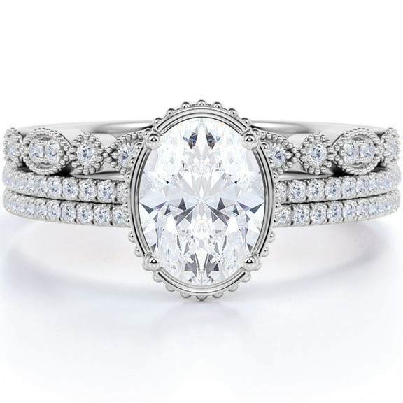 JeenMata Beautiful 1 Carat Real Moissanite Wedding Trio Ring Set with Engagement Ring and 2 Wedding Bands in 18k Gold Over Silver