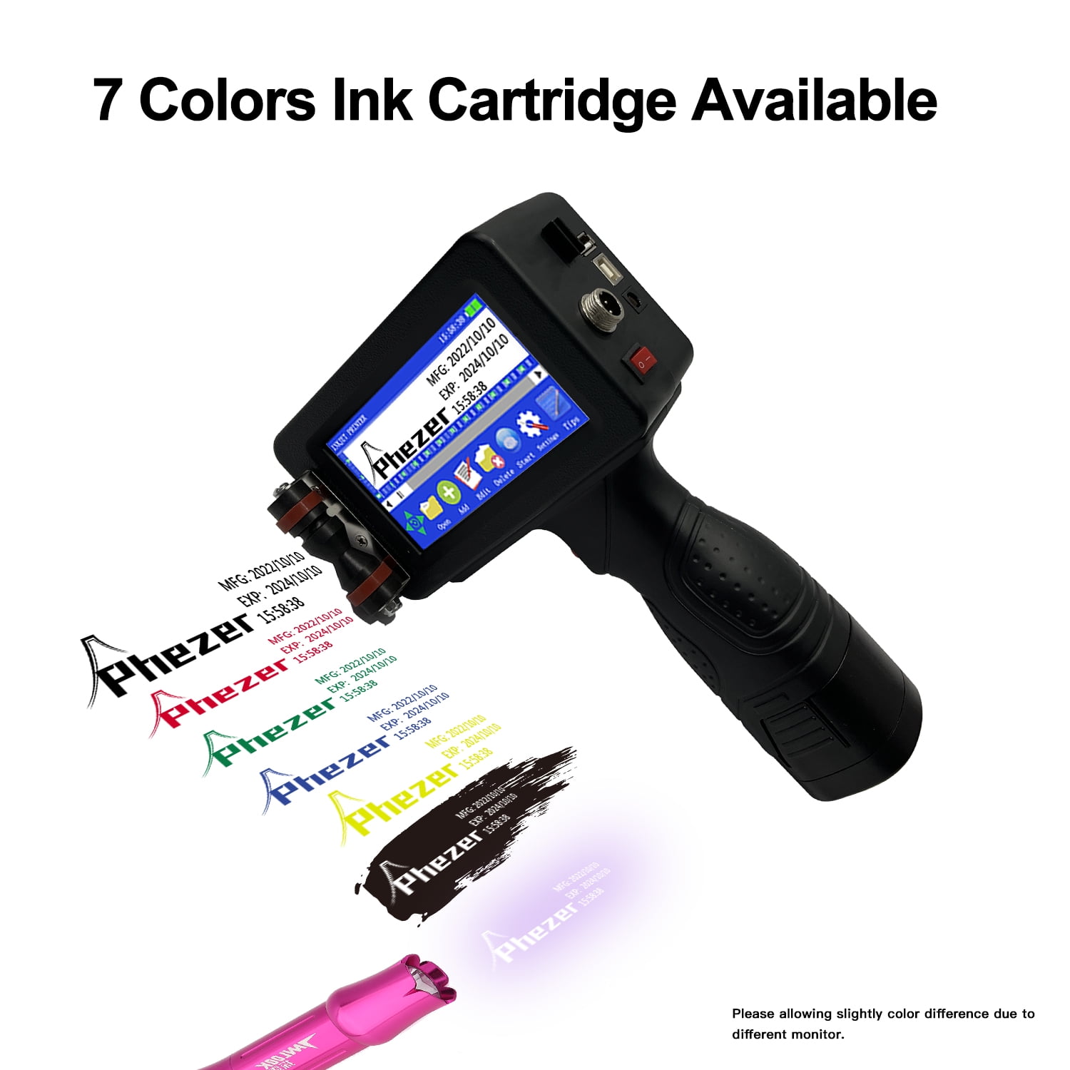 Phezer P16 Handheld Inkjet Printer for Any Surface, Intelligent 360° Coding Machine for Date/Time/Barcode/QR Code/Logo On Glass Carton Box Wood Cloth Plastic Cable (25 Languages) with 1 Ink cartridge