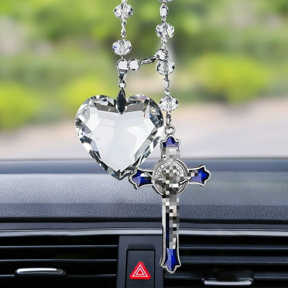 Cross Crystal Heart Pendant Car Rearview Mirror Hanging Ornament Interior Decor Spiritual Accessory for Women
