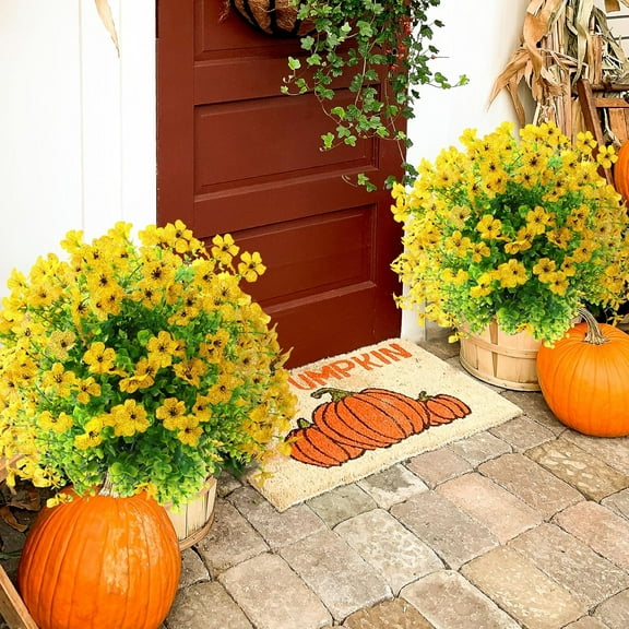 2 Packs 24 Inch Fall Artificial Mums Topiary Ball Trees Faux Fall Flowers Artificial Faux Bushes Shrubs for Outdoor Planter Resistant Fake Greenery for Porch Garden Autumn Decor(Yellow)
