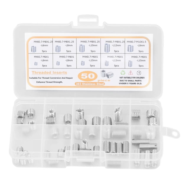 50 Pcs Inserts Filetés 303 Acier Inoxydable Kit d'Assortiment avec Boîte de Rangement Argent
