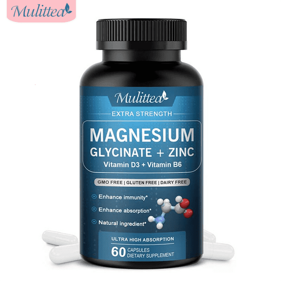 Mulittea Magnesium Glycinate 500mg with Zinc, Vitamin D3 Vitamin B6, High Absorption 60 Vegan Capsules (Gluten Free & Non-GMO), Enhance Immunity