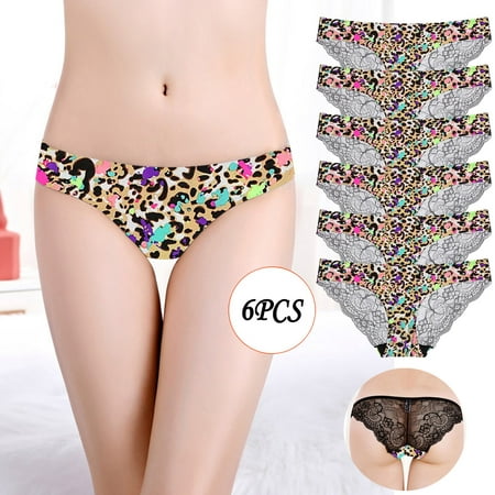 

QIPOPIQ Underwear for Women Plus Size 6PCS Sexy Low-Rise Transparent Leopard Print Lace Under Panties