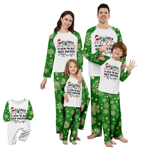 Onlypjs Family Matching Christmas Pajamas Sets – Holiday PJs for Women, Men – Festive Green Snowflake & Holiday Print Sleepwear