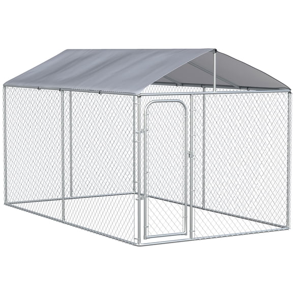 Large Silver Galvanized Steel Dog Kennel Playpen with Canopy Cover – 13.1' x 7.5' Outdoor Secure Enclosure for Dogs, Rabbits & More – Backyard & Patio Use