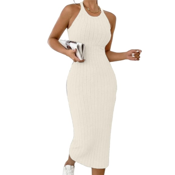 Idoravan Women's 2026 Bodycon Casual Long Dress Women Neck Sleeveless Ribbed Neck Solid-Color Fitted Midi Dress