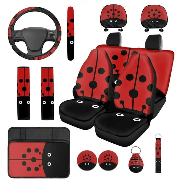 Yuyamidu Cute Ladybug Car Seat Cover Set of 14 Red Steering Wheel Cover Seat Belt Pads Head Rest Covers Cup Holder Cute Center Console Cover Keychain