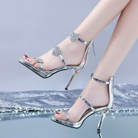 

Shoes for Women Womens Sandals Silver Follow Carefully Fish Mouth Water Drill Heeled Prime Deals Today Clearance 38