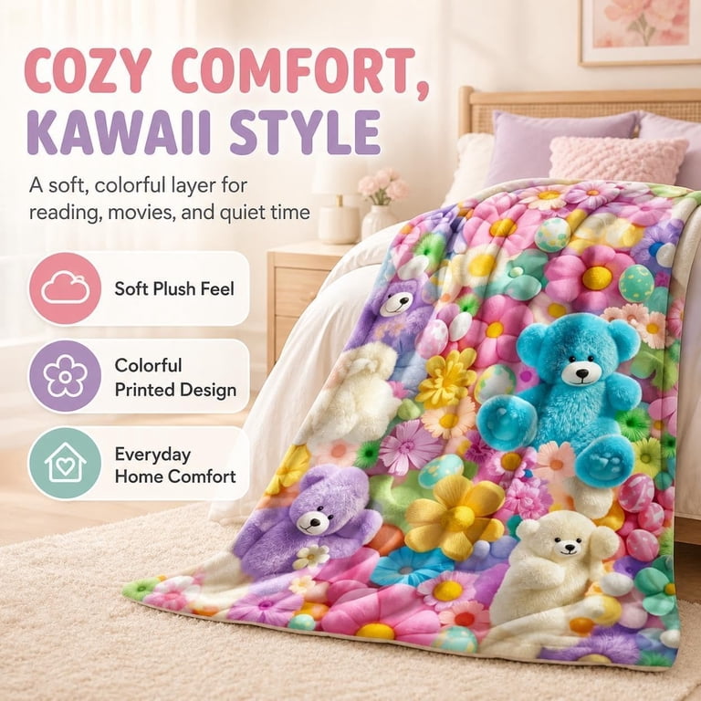 Teddy Pastel Floral Print Blanket 3D Bear Design Fluffy Colorful Throw ...