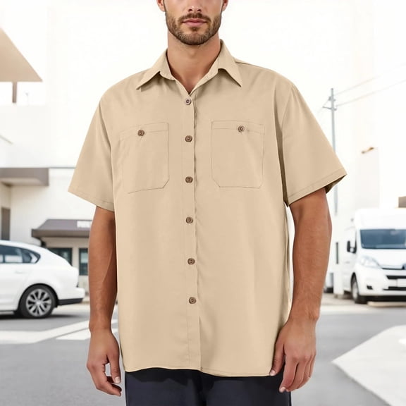 WQNVRNR Men's Short Sleeve Shirt- Button-Down Top Business Casual Summer Collar Breathable Shirt Khaki Size L