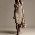 thumbnail image 2 of CIENVNSTG Womens Long Dresses Knitted Collared Long-Sleeved Dress Slim-Fitting Soild Color Buttons Dress Up Clothes Khaki S, 2 of 6