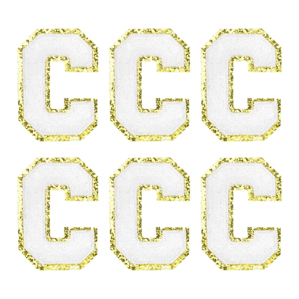 Parche bordado de letras Uxcell C Chenille, autoadhesivo, para reparación de ropa (blanco, paquete de 6)