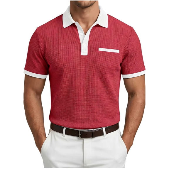 Mens Collared Golf Shirts Short Sleeve Business Casual Waffle Knit 3 Button Muscle Fit T-Shirts, Color Block Summer Breathable Textured Lightweight Work Office Wear with Chest Pocket