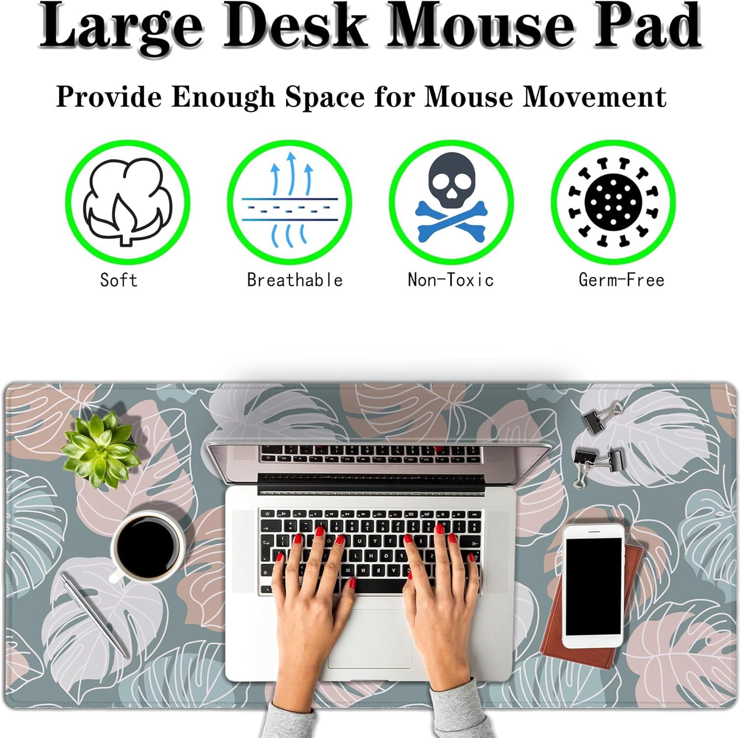 Large Desk Mat Green, Gaming Mouse Pads Office Desk Pad, Keyboard Desk Mat Non-Slip Rubber Base Waterproof with Stitched Edges, 35.4 X 15.7 inch for Work/Game/Office/Home Tropical Monstera
