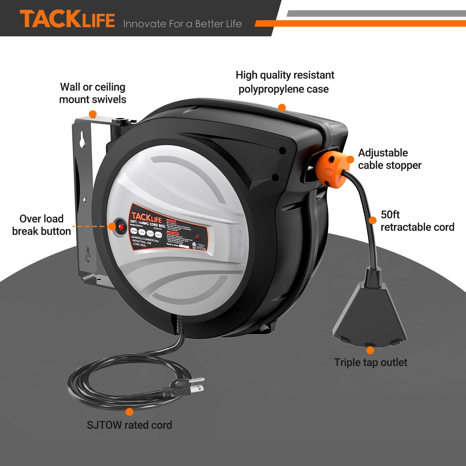 Tacklife Extension Cord Reel, 50ft Retractable Extension Cord-ECR01A