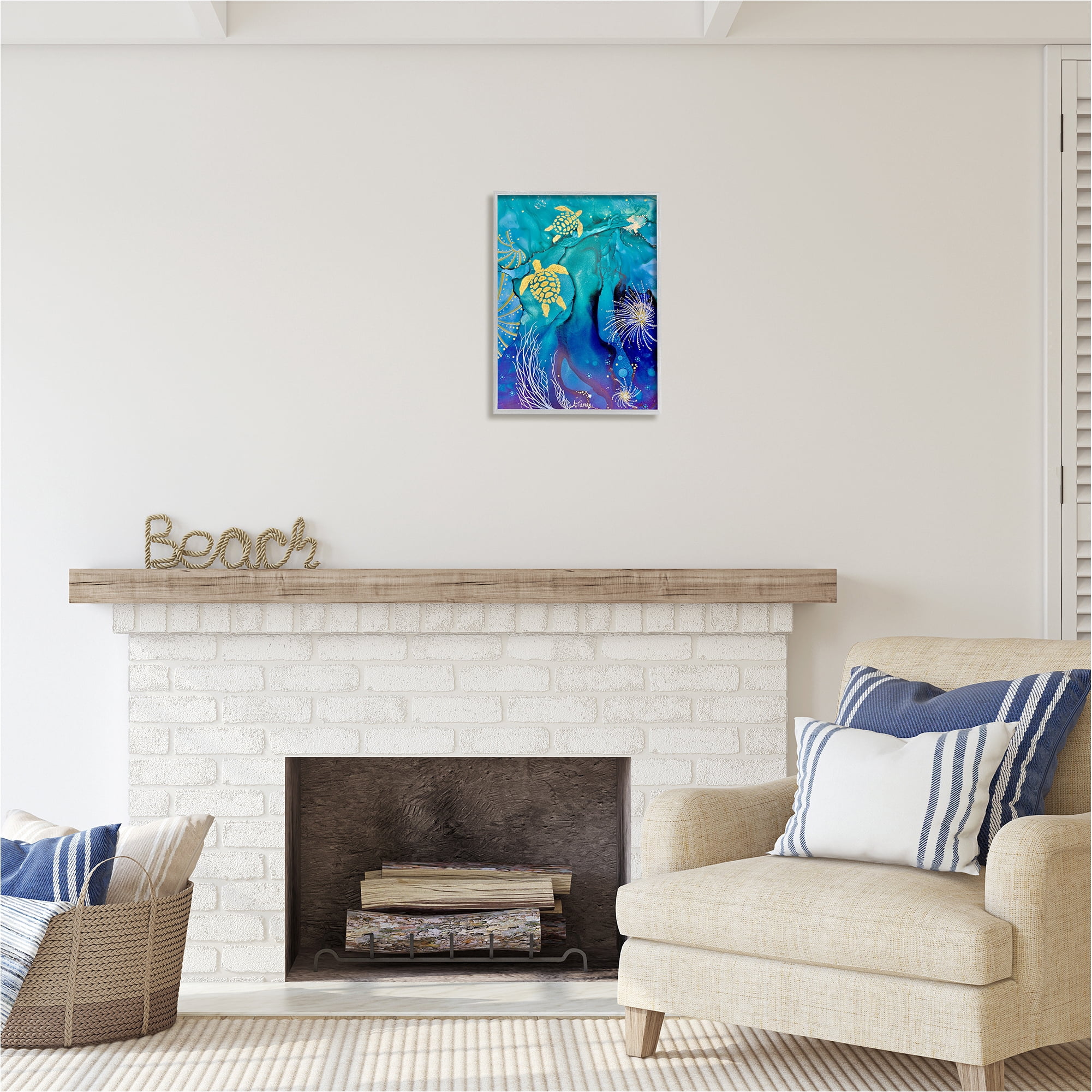 Stupell Industries Abstract Blue Sea Turtles Abstract Painting Gray Framed Art Print Wall Art, 16 x 20