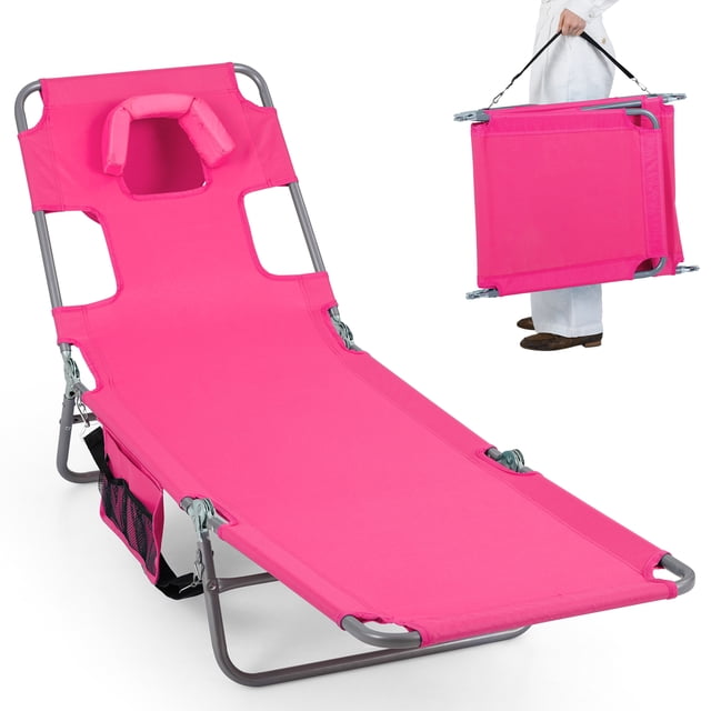 Costway Patio Tanning Chair,Folding Beach Lounge Chair with 5-Position Adjustable Backrest Pink