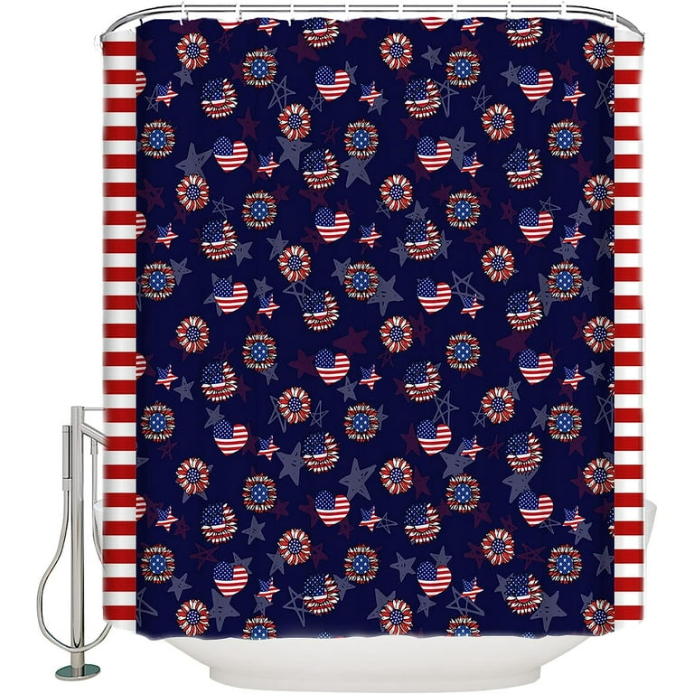 Joocar Shower Curtain Set with Hooks American Flag Stars Hearts 4th of July Shower Curtain for Bathroom Check Plaid Stripe Waterproof Polyester Bath