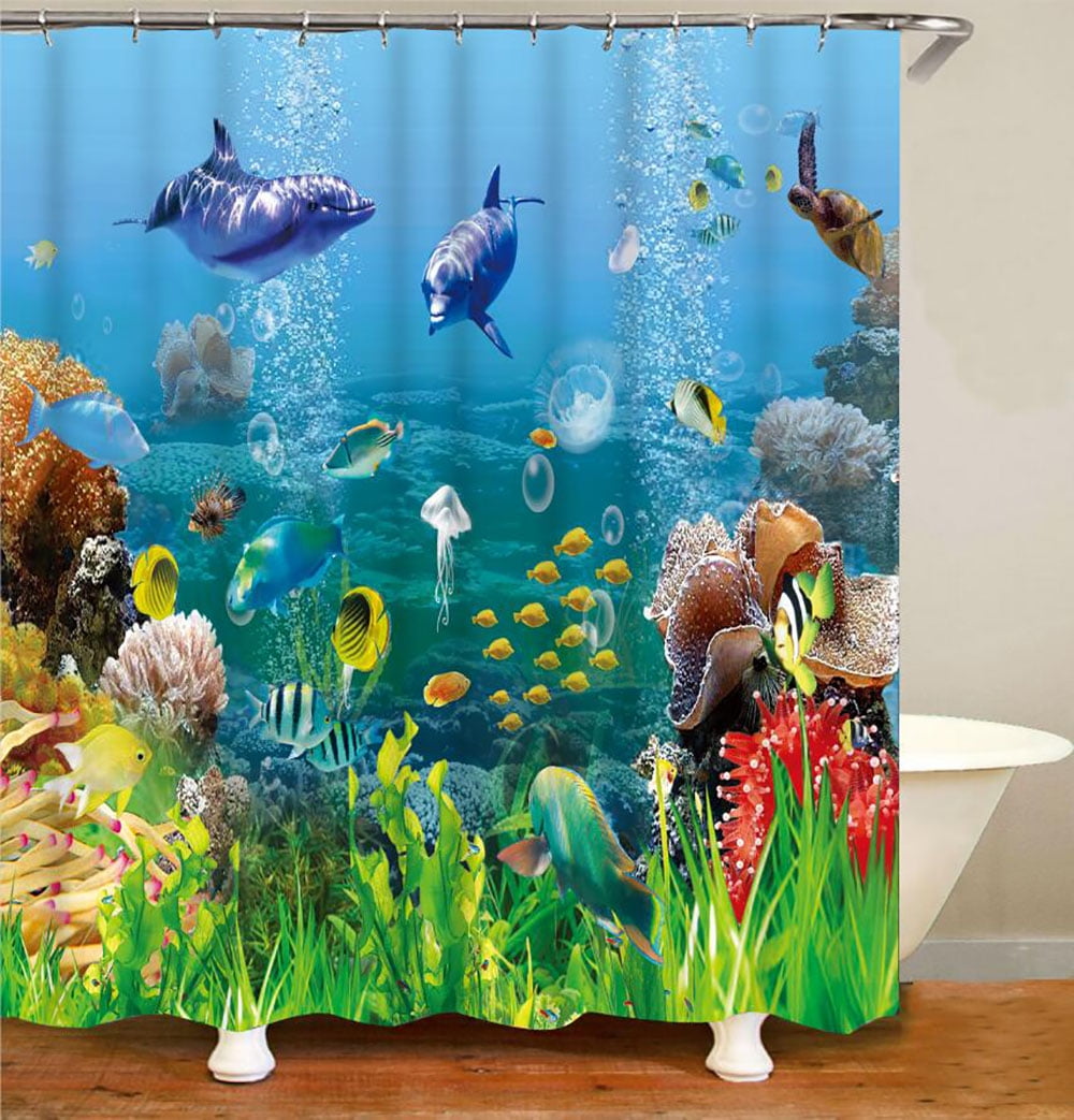 Marine Sea Life Coral Reef With Dolphins Design 1 Bathroom Shower Curtain PEVA 