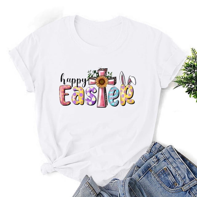 EGNMCR T-Shirts de Pâques pour Femmes T-Shirts à Manches Courtes pour Femmes Imprimé de Pâques Mode de Pâques pour Femmes T-shirt à Manches Courtes Imprimé de Pâques Haut à Manches Courtes à Col Rond T-Shirts pour Femmes