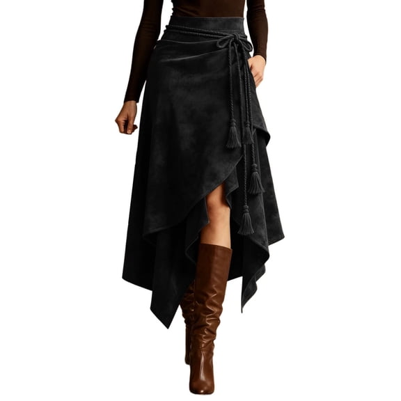 QHFBli Long Suede Leather Skirt for Women Ruffle Asymmetrical Western Boho Country Cowgirl Skirts