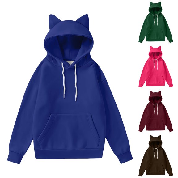 VJGBEGW Cat Ear Hoodies for Women Pullover Sweatshirts Cute Drawstring Pocket Fall Winter Long Sleeve Loose Fit Casual Tops Blue L