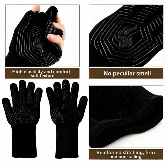 BBQ Gloves, Oven Gloves, Heat Resistant Barbecue Gloves, Silicone Non-Slip Oven Mitts, Kitchen for Cooking, Grilling, and Baking