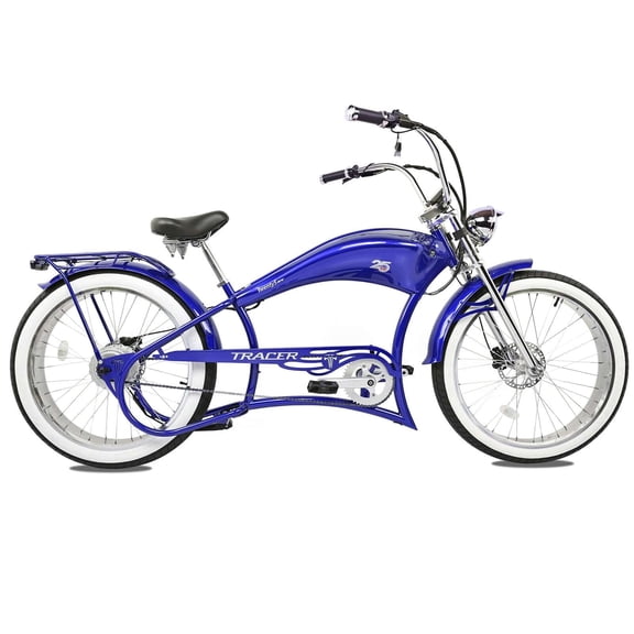 Tracer Twenty5 GT 800W Chopper Stretch Cruiser Ebike, 26" Wheels, Supsension Triple Tree Fork, White Wall Tire, Disc Brake, for Men, Blue