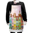 thumbnail image 1 of Vintage Kids Apron, Retro Houses in Various Colors with Small Businesses Bakery Fishmonger Coffee Shop, Boys Girls Apron Bib with Adjustable Ties for Cooking Baking Painting, Multicolor, by Ambesonne, 1 of 2