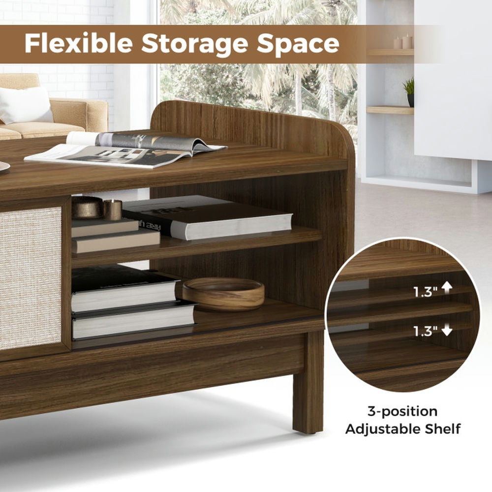 Finihen Coffee Table, Open Storage Shelf, Mid-Century Center Table with Storage and Weaving Sliding Door & Adjustable Shelf, for Home, Office, Living Room, Walnut Finihen Coffee Table, Open Storage Shelf, Mid-Century Center Table with Storage and Weaving Sliding Door & Adjustable Shelf, for Home, Office, Living Room, Walnut