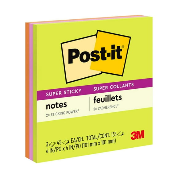 Post-it Super Sticky Notes, 4 in. x 4 in., Assorted Brights, 3 Pads/Pack, 45 Sheets/Pad