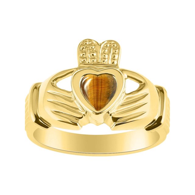 RYLOS Rings Gold Plated Silver Claddah Love, Loyalty & Friendship Heart 6MM Gem Irish Wedding Band Claddagh Rings Tiger Eye Jewelry Size 5
