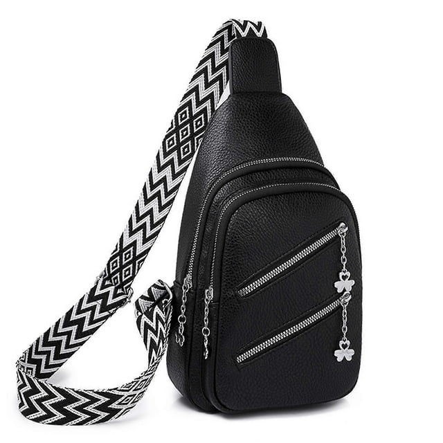 CHAO Bolso de pecho nuevo, elegante bolso bandolera de cuero para hombre y mujer, con orificio para auriculares, bandolera con correa ancha, color negro
